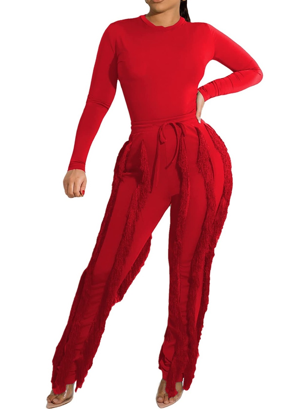 Two-Piece Coord Set with Fringe Pull-On Stretch Pants & Long Sleeve Bodysuit Top